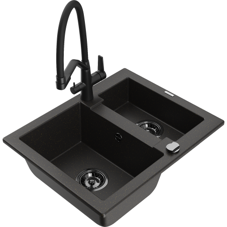 Mexen Carlos 1.5-compartment granite sink with a kitchen mixer tap Duo, Black/ gold metallic - 6518-75-671701-70-B