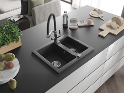 Mexen Carlos granite kitchen sink 1.5-bowl with Duo faucet, black speckled - 6518-76-671701-07
