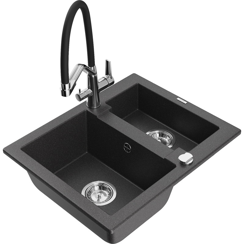 Mexen Carlos granit sink 1.5-bowl with Duo kitchen faucet, black speckled - 6518-76-671701-07