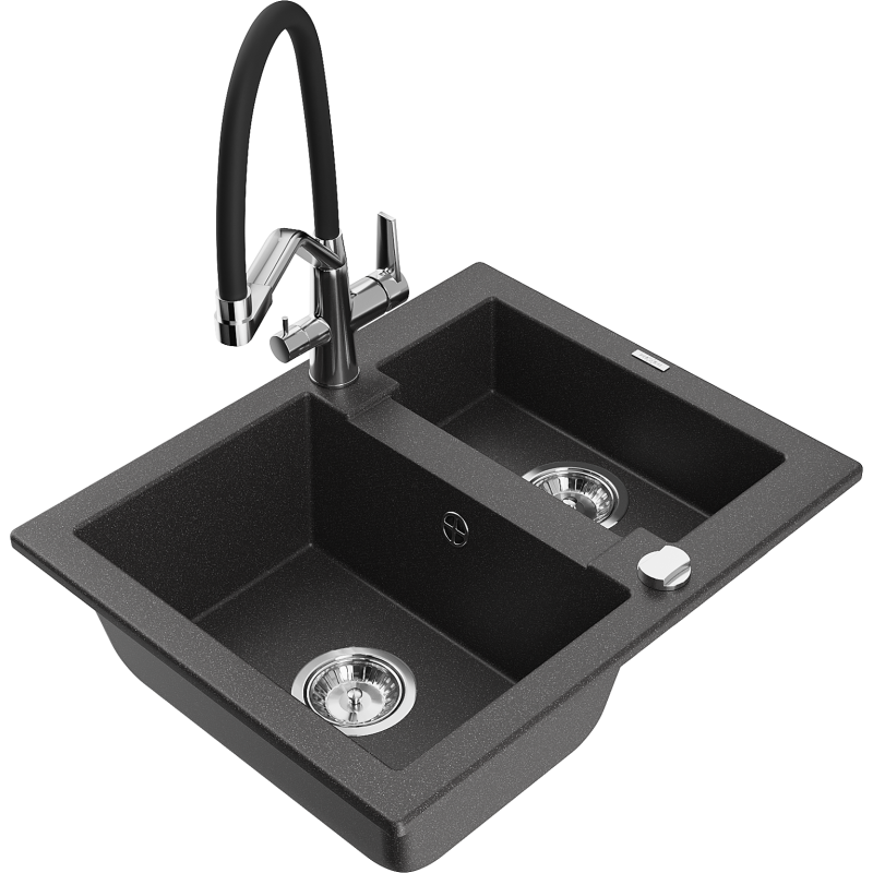 Mexen Carlos granite sink 1.5-bowl with Duo kitchen tap, black speckled - 6518-76-671701-07