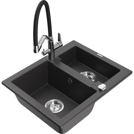 Mexen Carlos granit sink 1.5-bowl with Duo kitchen faucet, black speckled - 6518-76-671701-07
