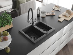 Mexen Carlos 1.5-bowl granite sink with Duo kitchen faucet, black speckled - 6518-76-671701-07-B
