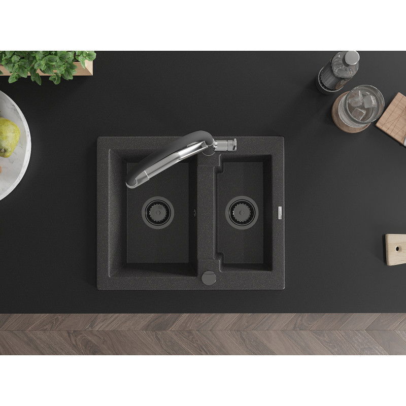 Mexen Carlos 1.5-bowl granite kitchen sink with Duo tap, black speckled - 6518-76-671701-07-B