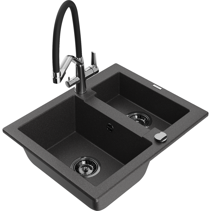 Mexen Carlos 1.5-bowl granite kitchen sink with Duo tap, black speckled - 6518-76-671701-07-B