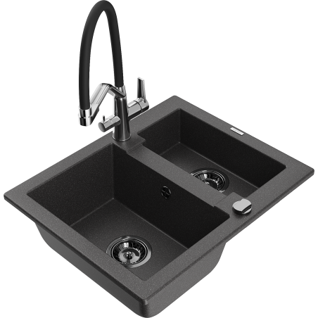 Mexen Carlos 1.5-compartment granite sink with a kitchen mixer tap Duo, Spotted black - 6518-76-671701-07-B