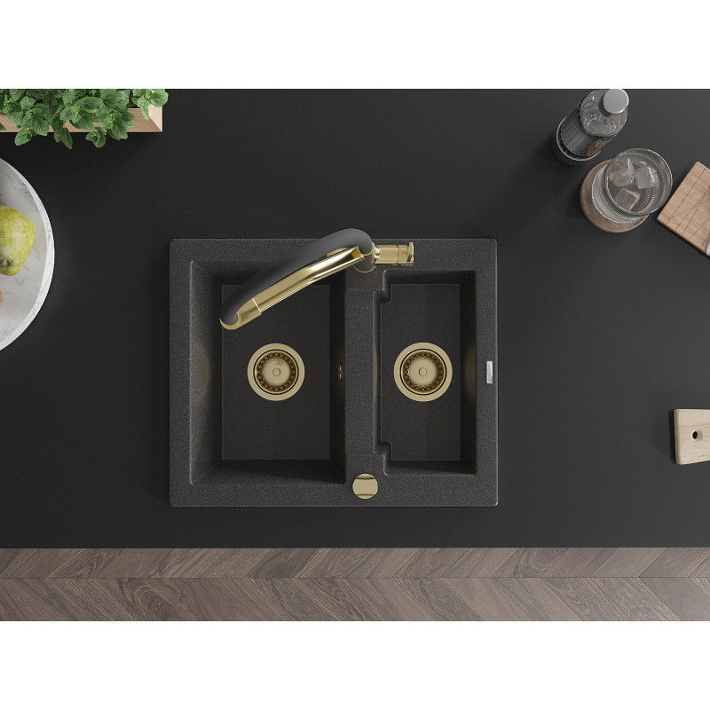 Mexen Carlos granite sink 1.5-bowl with Duo kitchen tap, black speckled - 6518-76-671701-57-G