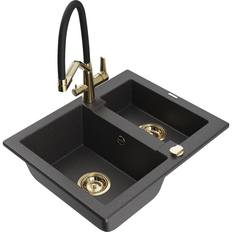 Mexen Carlos granite sink 1.5-bowl with Duo kitchen faucet, black speckled - 6518-76-671701-57-G
