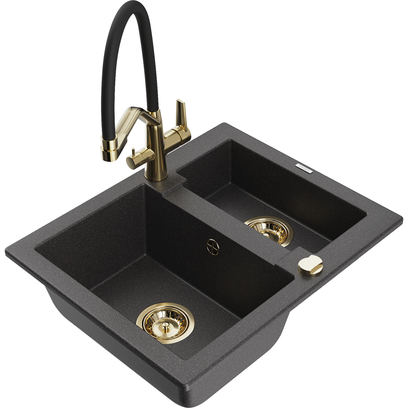 Mexen Carlos granite sink 1.5-bowl with Duo kitchen tap, black speckled - 6518-76-671701-57-G