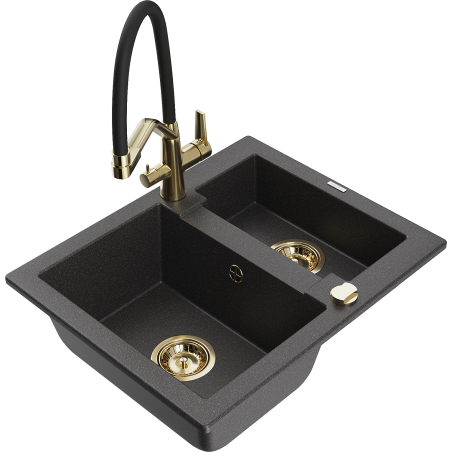 Mexen Carlos granite sink 1.5-bowl with Duo kitchen tap, black speckled - 6518-76-671701-57-G