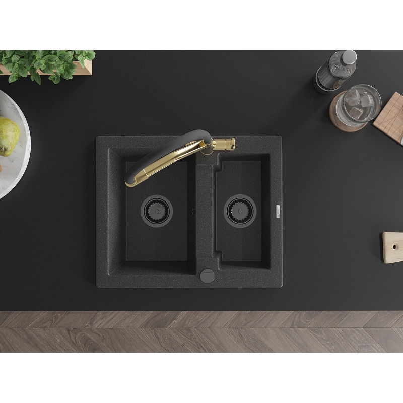 Mexen Carlos granite sink 1.5-bowl with Duo kitchen tap, black speckled - 6518-76-671701-57-B