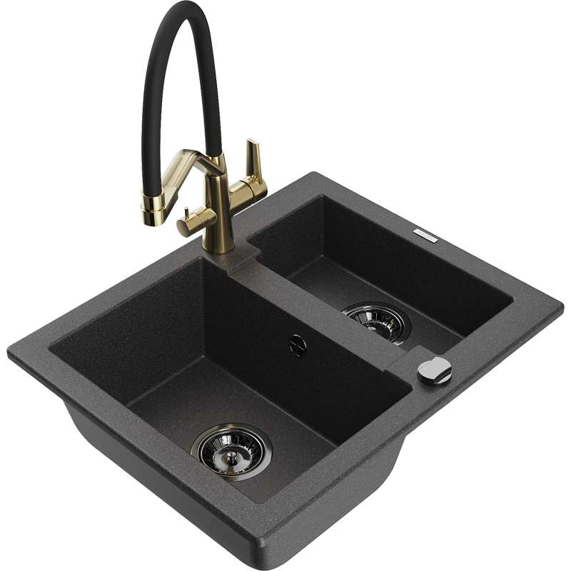 Mexen Carlos granite sink 1.5-bowl with Duo kitchen tap, black speckled - 6518-76-671701-57-B