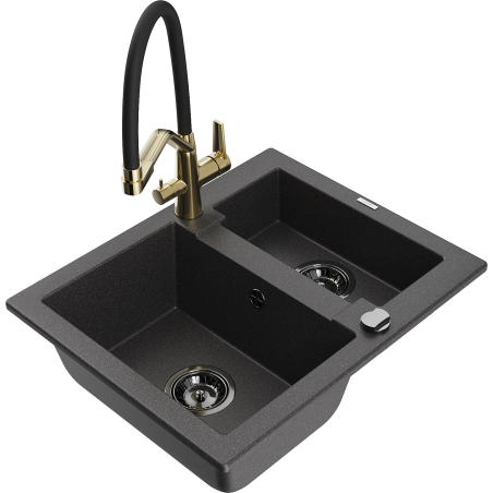 Mexen Carlos granite sink 1.5-bowl with Duo kitchen tap, black speckled - 6518-76-671701-57-B