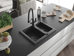 Mexen Carlos 1.5-bowl granite sink with Duo kitchen faucet, speckled black - 6518-76-671701-70-B