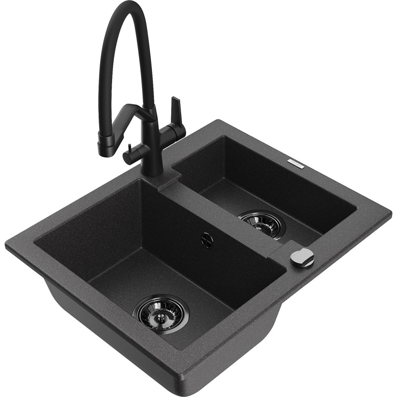 Mexen Carlos 1.5-bowl granite sink with Duo kitchen faucet, black speckled - 6518-76-671701-70-B