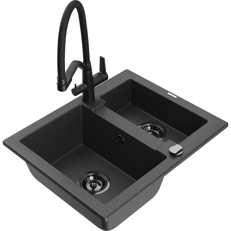 Mexen Carlos 1.5-compartment granite sink with a kitchen mixer tap Duo, Spotted black - 6518-76-671701-70-B