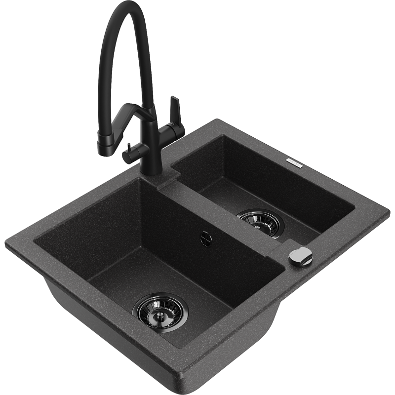 Mexen Carlos granite kitchen sink 1.5-bowl with Duo kitchen tap, black speckled - 6518-76-671701-70-B