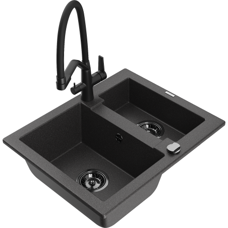 Mexen Carlos 1.5-bowl granite sink with Duo kitchen faucet, speckled black - 6518-76-671701-70-B