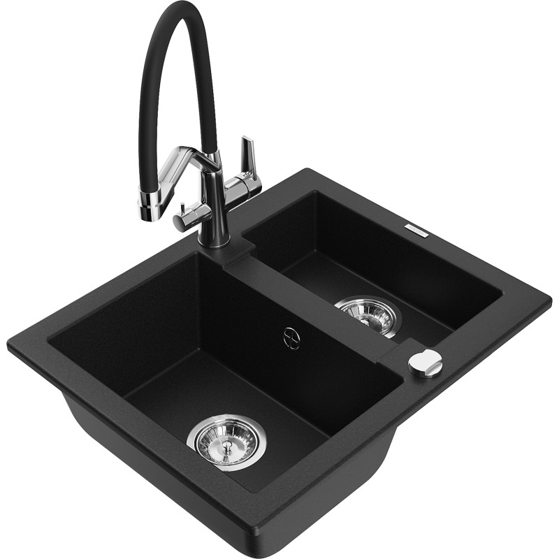 Mexen Carlos 1.5-bowl granite sink with Duo kitchen faucet, black - 6518-77-671701-07