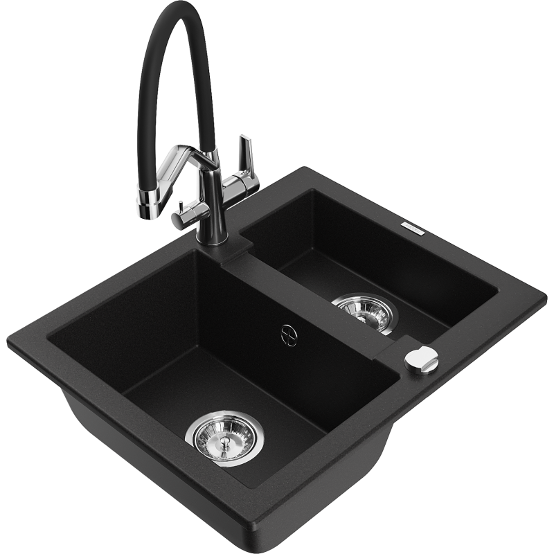 Mexen Carlos granite sink with 1.5 bowls and Duo kitchen tap, black - 6518-77-671701-07