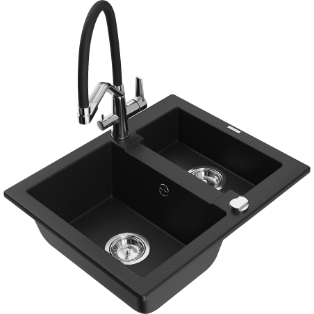 Mexen Carlos 1.5-compartment granite sink with a kitchen mixer tap Duo, Black - 6518-77-671701-07