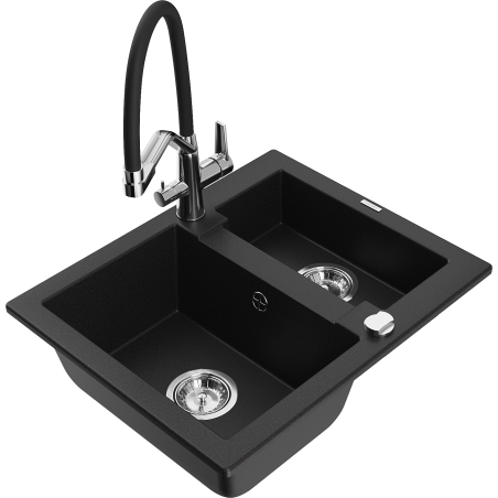 Mexen Carlos granite sink with 1.5 bowls and Duo kitchen tap, black - 6518-77-671701-07