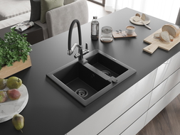 Mexen Carlos 1.5-compartment granite sink with a kitchen mixer tap Duo, Black - 6518-77-671701-07-B