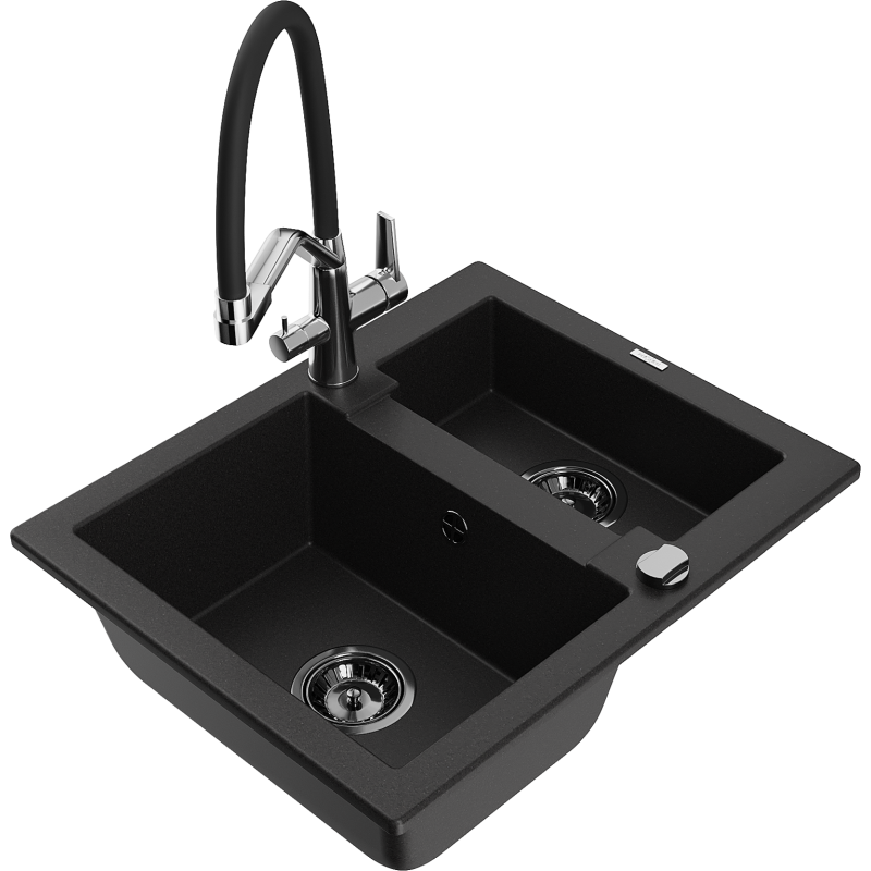 Mexen Carlos 1.5-bowl granite kitchen sink with Duo tap, black - 6518-77-671701-07-B