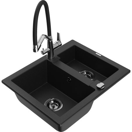 Mexen Carlos 1.5-bowl granite kitchen sink with Duo tap, black - 6518-77-671701-07-B