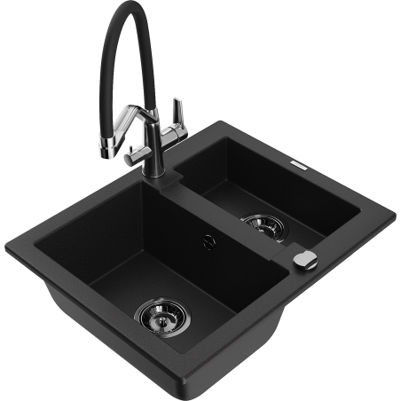 Mexen Carlos 1.5-compartment granite sink with a kitchen mixer tap Duo, Black - 6518-77-671701-07-B