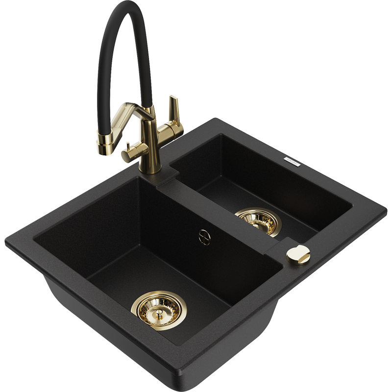Mexen Carlos granite kitchen sink 1.5-bowl with Duo kitchen faucet, black - 6518-77-671701-57-G
