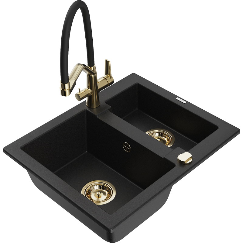Mexen Carlos granite sink 1.5-bowl with Duo kitchen faucet, black - 6518-77-671701-57-G