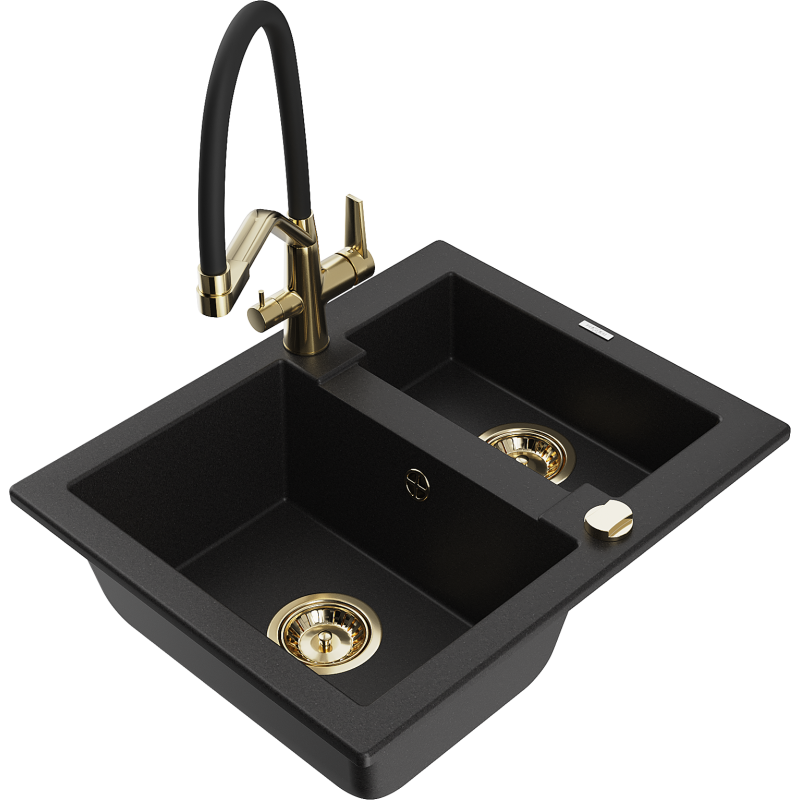 Mexen Carlos granite sink 1.5-bowl with Duo kitchen tap, black - 6518-77-671701-57-G