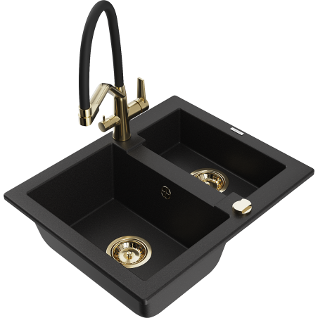 Mexen Carlos granite sink 1.5-bowl with Duo kitchen tap, black - 6518-77-671701-57-G