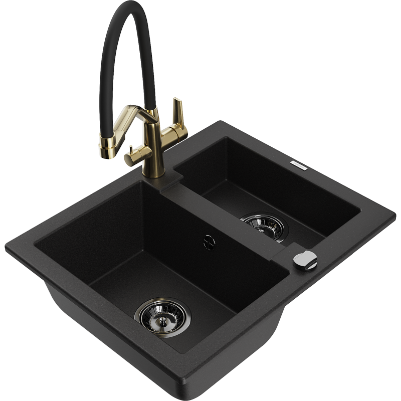 Mexen Carlos 1.5-Bowl Granite Sink with Duo Kitchen Tap, Black - 6518-77-671701-57-B