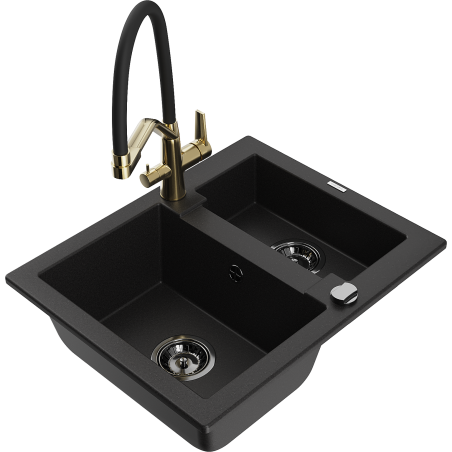 Mexen Carlos 1.5-Bowl Granite Sink with Duo Kitchen Tap, Black - 6518-77-671701-57-B