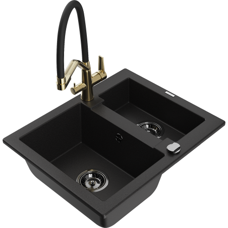 Mexen Carlos granite sink 1.5-bowl with Duo kitchen faucet, black - 6518-77-671701-57-B
