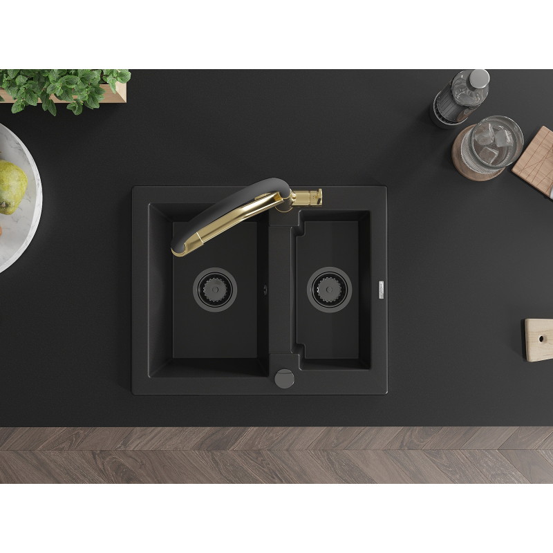 Mexen Carlos granite kitchen sink 1.5-bowl with Duo kitchen faucet, black - 6518-77-671701-57-B