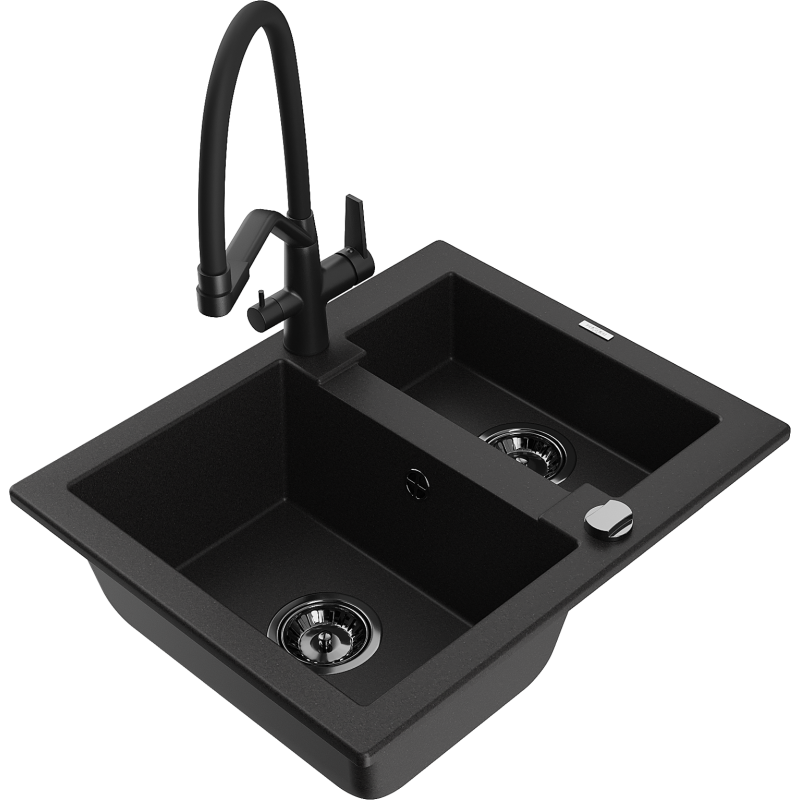 Mexen Carlos granite sink 1.5-compartment with Duo kitchen faucet, black - 6518-77-671701-70-B
