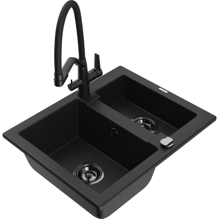 Mexen Carlos granite sink 1.5-compartment with Duo kitchen faucet, black - 6518-77-671701-70-B