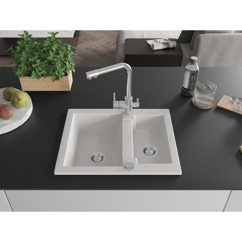 Mexen Carlos granite sink 1.5-bowl with Duero kitchen faucet, white - 6518-20-671600-00