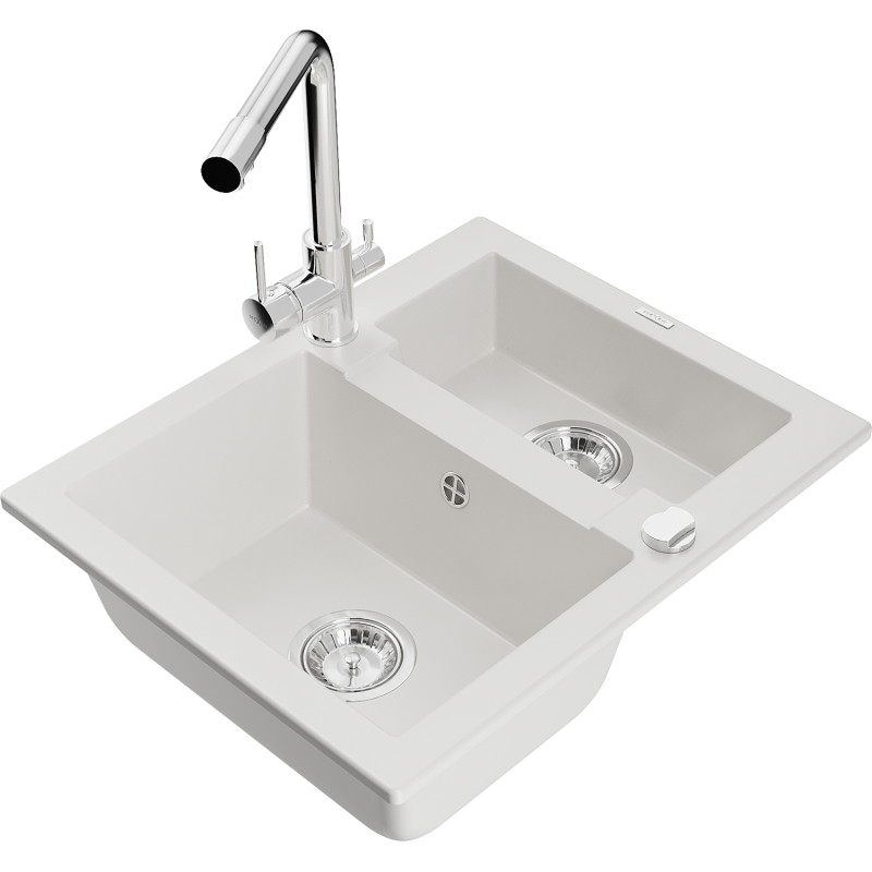 Mexen Carlos 1.5-bowl granite sink with Duero kitchen faucet, white - 6518-20-671600-00