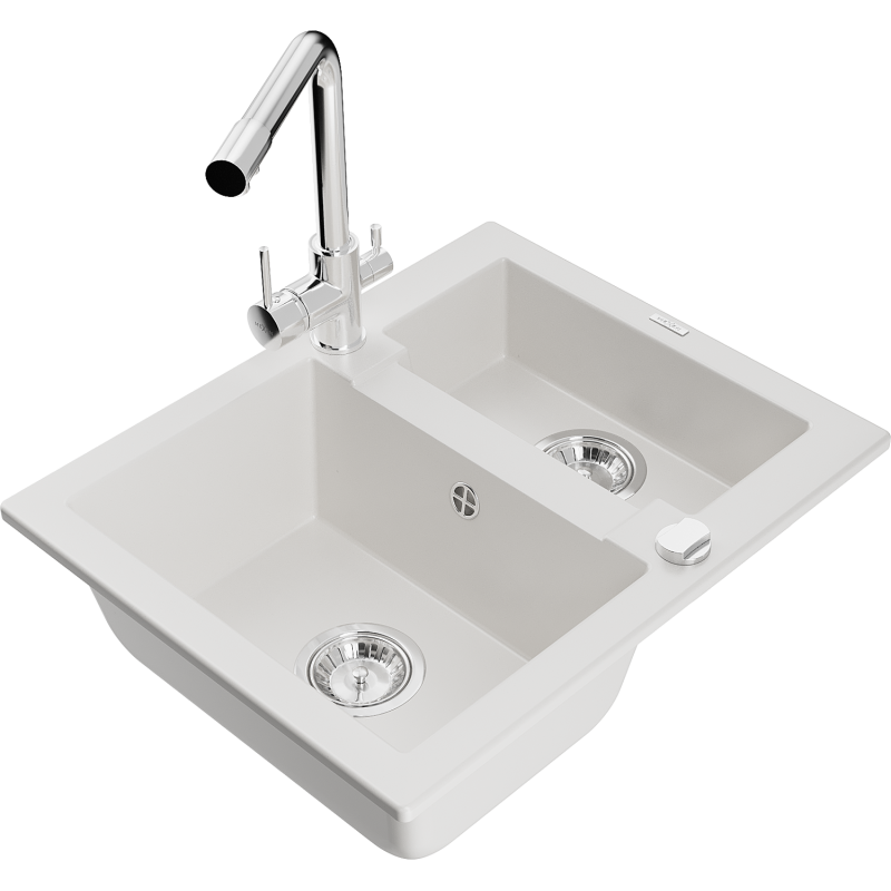 Mexen Carlos 1,5-compartment granite sink with a kitchen mixer tap Duero, White - 6518-20-671600-00