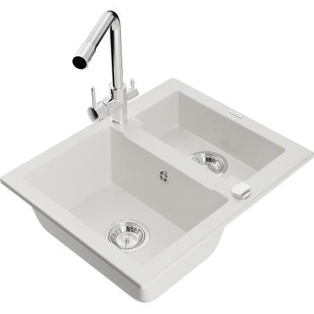 Mexen Carlos 1.5-bowl granite sink with Duero kitchen faucet, white - 6518-20-671600-00
