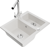 Mexen Carlos 1.5-bowl granite sink with Duero kitchen faucet, white - 6518-20-671600-00
