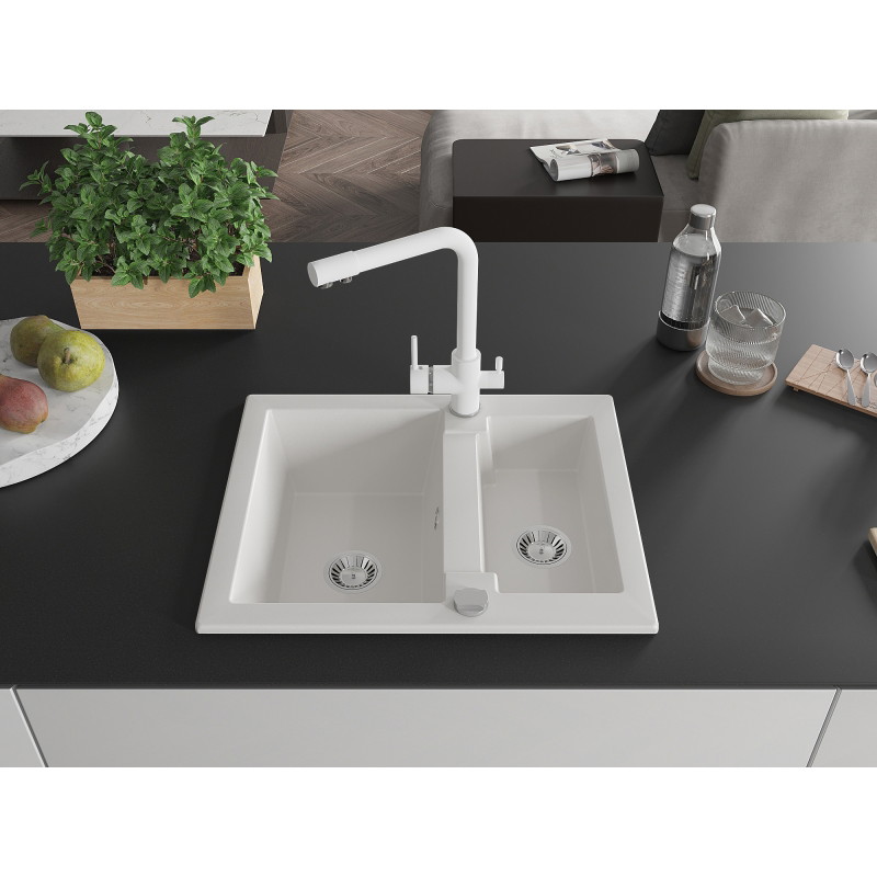 Mexen Carlos granite kitchen sink 1.5-bowl with Duero kitchen faucet, white - 6518-20-671600-20