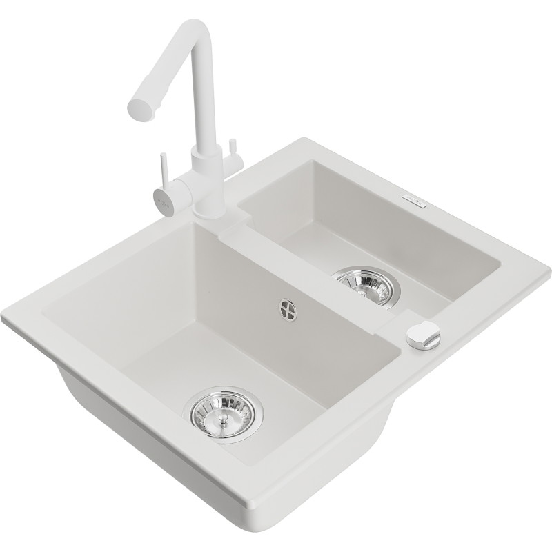 Mexen Carlos 1.5-bowl granite sink with Duero kitchen faucet, white - 6518-20-671600-20