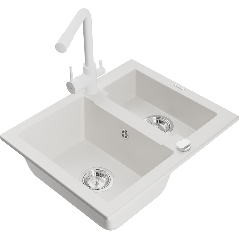 Mexen Carlos 1,5-compartment granite sink with a kitchen mixer tap Duero, White - 6518-20-671600-20