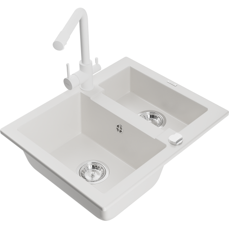 Mexen Carlos granite kitchen sink 1.5-bowl with Duero kitchen faucet, white - 6518-20-671600-20
