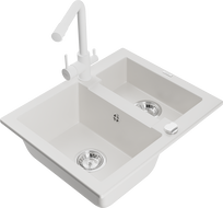 Mexen Carlos 1.5-bowl granite sink with Duero kitchen faucet, white - 6518-20-671600-20