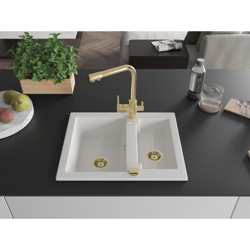 Mexen Carlos 1.5-bowl granite sink with Duero kitchen faucet, white - 6518-20-671600-50